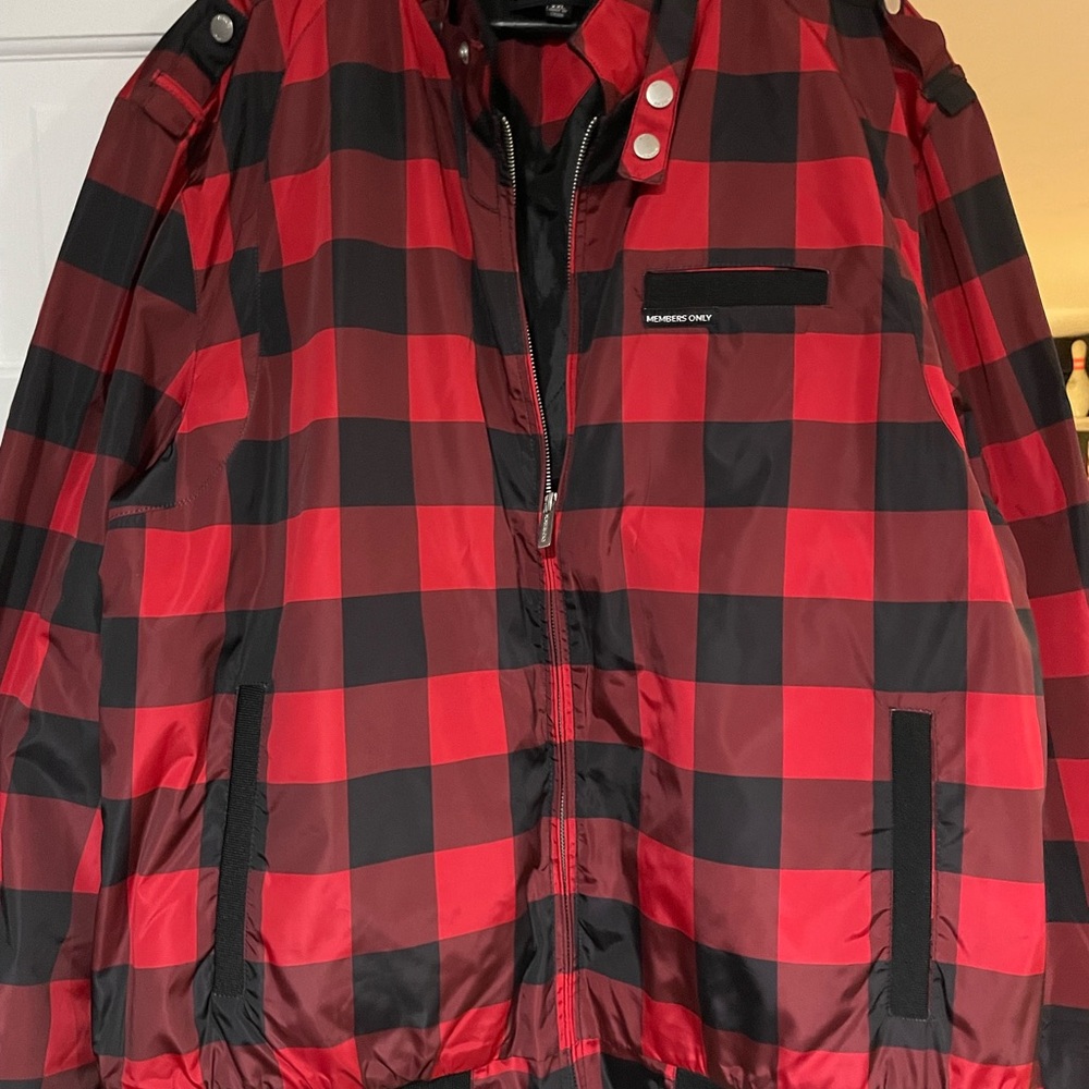 Members Only Red and Black Plaid Puffer Jacket